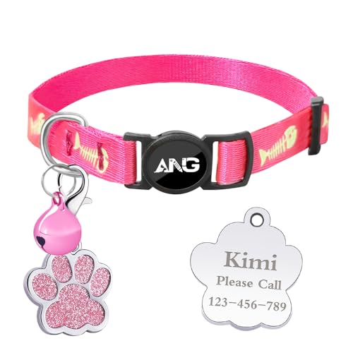Personalized Breakaway Cat Collars Glow-in-The-Dark with ID Tag, Bell - Safety Quick - Release, Customizable for Female Male Kittens & Cats (Pink)