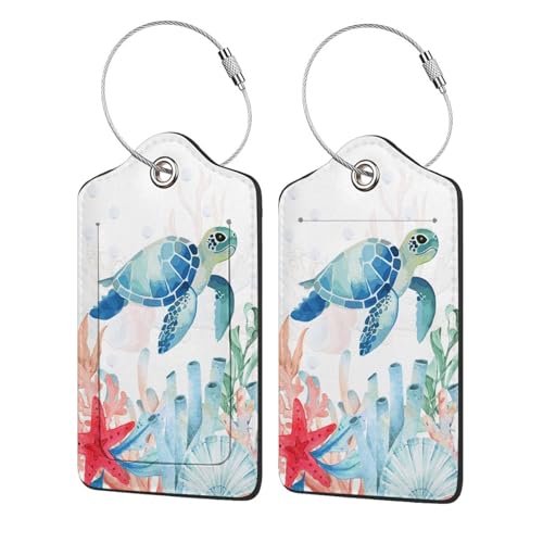 Sea Turtle Ocean Luggage Tags 2 Pcs PU Leather Suitcase Tag for Cruise Ship Travel Bag with Stainless Steel Loop Privacy Cover Label for Women Men