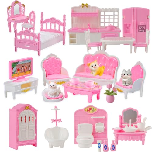 46Pcs Dollhouse Furniture Accessories Set Mini House Furniture Small Dollhouse Miniature Furniture Pretend Play House 1:12 Mini Kitchen Bedroom Livingroom Bathroom Tiny Toy Boy Girl Kid Toddler