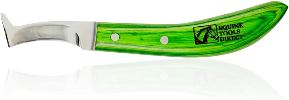 Straight Blade Hoof Knife with Rhino Hook, J2 420 Magnetic Stainless Steel, Right-Hand, Ergonomic Green Handle, Professional Farrier Trimming Tool
