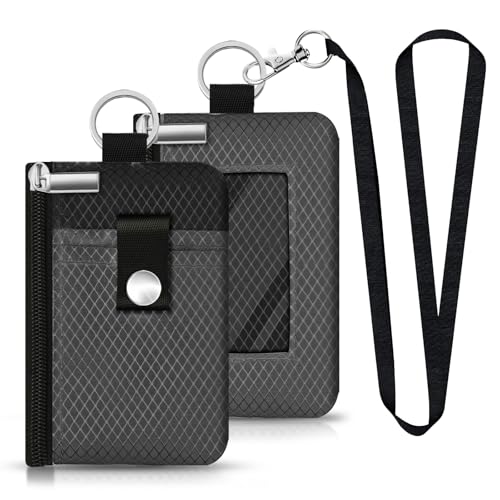 CCUMI Minimalist RFID Blocking Small Wallet with ID Window,WaterResistant Zip Id Case Wallet with Lanyard Keychain for Cards,Cash,Travel,Women,Men (DarkGrey/Black)