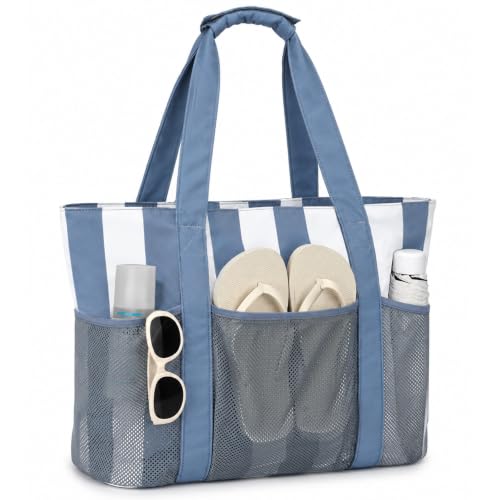 Image of VASCHY 21L Foldable Beach Bag for Women-Sandproof Tote, Stripped Blue White
