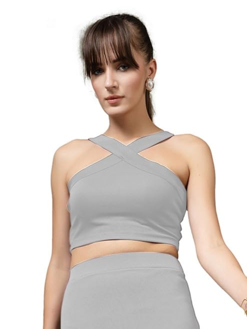 Image of OOMPH! Women Stretchable Relaxed Fit Crop Top With Stylised Shoulder Straps