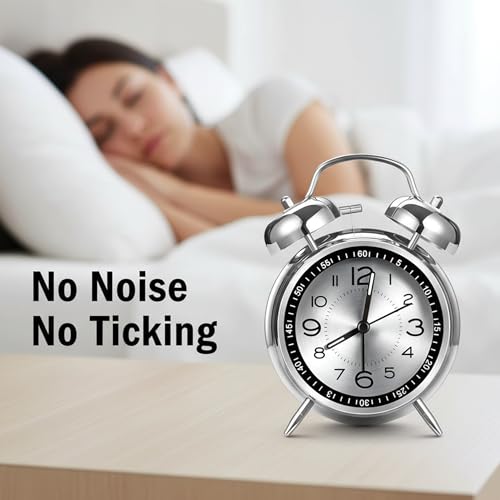 Image of Auromin Analog Alarm Clock for Bedroom & Study Table | Loud Alarm for Heavy Sleepers | Silent Desk & Table Clock for Home, Office, Living Room | Retro Stainless Steel Alarm Clock
