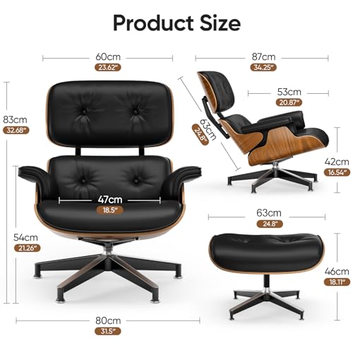 Image of Top Black PU Leather, Mid Century Chaise Lounge Chair and Ottoman, Modern Chair Classic Design, Walnut Wood, Heavy Duty Base Support for Living Room Office
