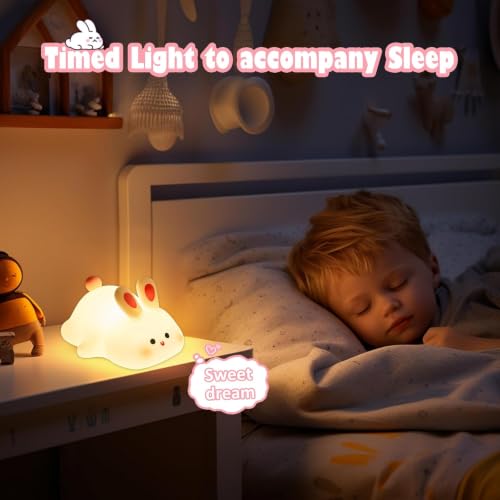 Image of Priyana Rabbit Night Light for Kids, Cute Silicone Bunny Lamp with 3 Brightness Modes, Rechargeable Baby Night Lamp, Soft LED Bedside Light for Nursery, Bedroom, Gift Decoration
