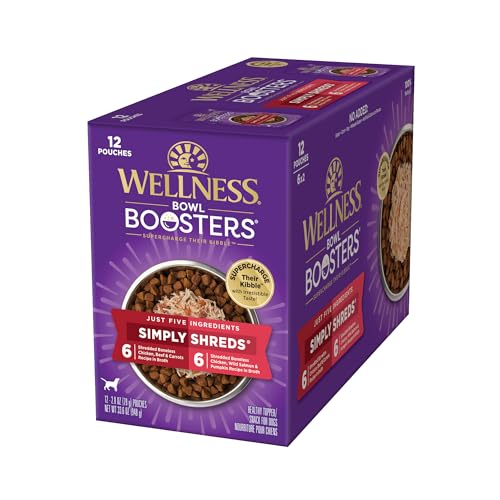 Wellness Bowl Boosters Simply Shreds Wet Dog Food Topper for Small, Medium, & Large Breeds, Grain Free, Natural, Chicken Variety Pack, 2.8 Ounce Pouch (Pack of 12)