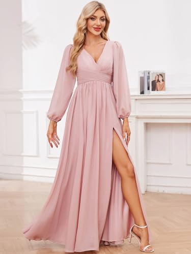 Women's Long Sleeve Bridesmaid Dresses with Slit V Neck Chiffon Ruched Formal Wedding Guest Party Dresses2