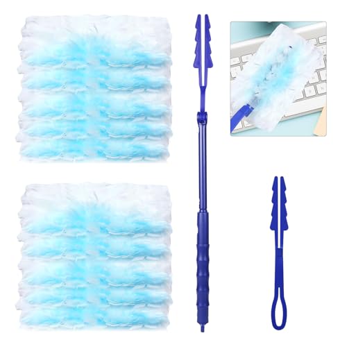 Nadisean 32 Pezzi Piumini Cattura Polvere, Duster Piumini Catturapolvere, Ricariche per Spolverino, Spolverini Usa e Getta con 1 Manici Telescopici + 1 Manico Breve Per Scuola, Ufficio, Casa