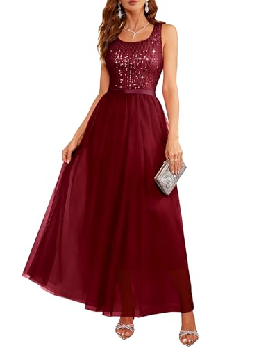 Image of BeryLove Sequin Dress for Woman Vintage A Line Wedding Formal Swing Mesh Dress Sleeveless Cocktail Maxi Gowns