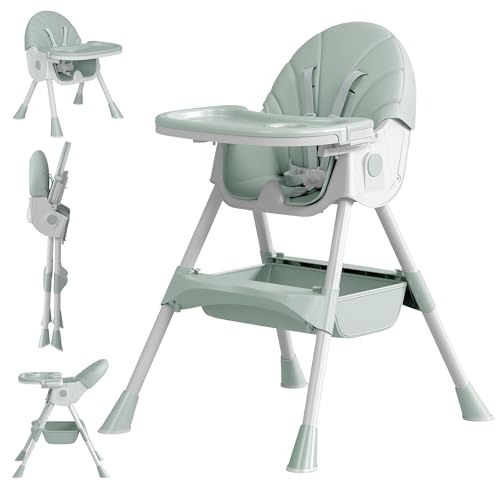Image of Baby High Chair, 5 in 1 High Chairs for Babies and Toddlers, Travel Foldable High Chair with Foot Rest, Detachable PU Cushion, Double Removable Tray, Adjustable Height & Recline