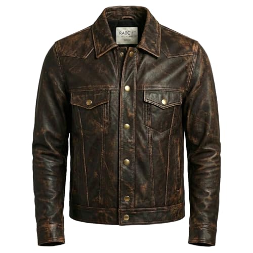 RABCHI Men’s Vintage Brown Lambskin Leather Trucker Jacket – Classic
