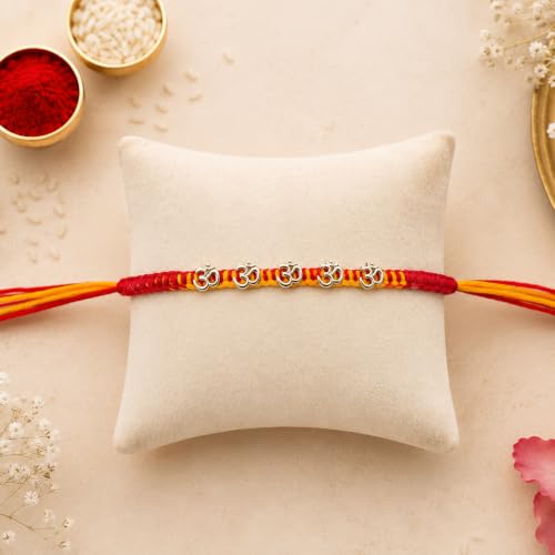 Image of Designer Rakhi with Crystal Embellishments, Gold Tone Beads, Red and Yellow Thread, Raksha Bandhan Gift