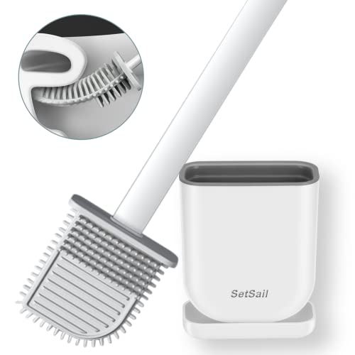 SetSail Silicone Toilet Brush Toilet Bowl Brush and Holder Set Toilet Bowl Scrubber with Silicone Bristles Flat Flexible Toilet Brushes for Bathroom Toilet Cleaning Brush
