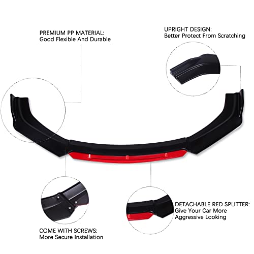 Keepdsgn Front Bumper Lip Splitter Compatible With Honda Civic Accord Hr-V Malibu Mitsubishi Lancer Mazda3 Mk5 Mk7 Gti - Gloss Black,Red Tongue #TOP3