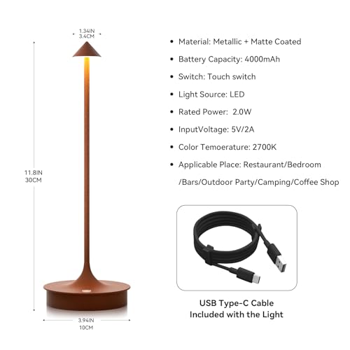 JICAI Cordless Table Lamp, 4000mAh Rechargeable Table Lamp, Battery Operated Desk Lamp, Stepless Dimmable Night Light for Restaurants/Bars/Outdoor (1PC, Brown) by JICAI - Used condition - Image 3