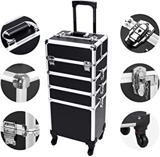 Professional Makeup Case with Wheels, 4 in 1 Aluminum Rolling Makeup Train Case Trolley Cosmetic Organizer Travel Brush Bag Holder with DIY Adjustable Divider & Key Lock
