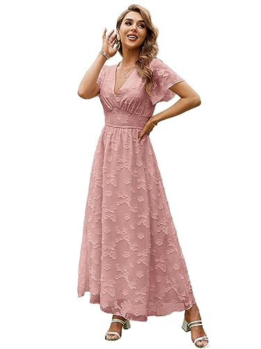 Simplee Women's Boho Floral Maxi Dress Flowy Casual V Neck Short Sleeve Wedding Guest Holiday Beach Long Dress