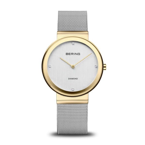 BERING Damski zegarek na rękę Classic, kwarcowy, szafirowe, stal nierdzewna, srebrny / złoty, 35 mm, 4 diamenty