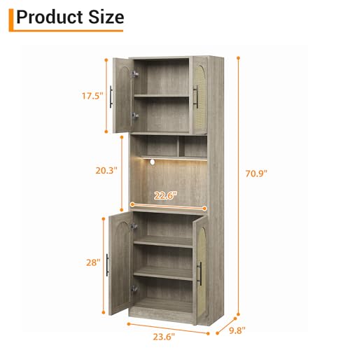 Image of IDEALHOUSE 71 inch Tall Pantry Cabinet with Countertop & LED Light Strip - Kitchen Storage Cabinet with Microwave Shelf & Adjustable Shelves, Farmhouse Kitchen Hutch for Dining Room, Oak