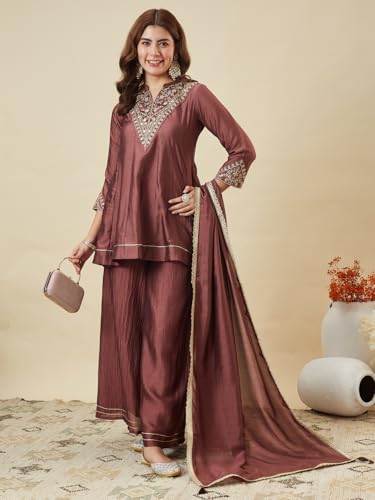 Image of MOKOSH Women's Silk Embroidery Kurta Sharara with Dupatta | Kurta Set | Embroidered |Indian Kurta Outfit with Sharara | 3 Piece Outfit |Straight Ethnic Suit 4 Colour Options Available