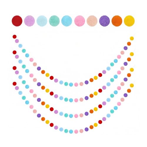 FrostyFlair Lot de 4 guirlandes de pompons multicolores en feutre de 26,5 m de long - Bannière arc-en-ciel - 30 balles - 10 couleurs - Décoration de lit de maison pour...
