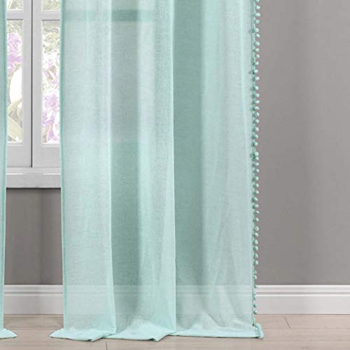 Lala + Bash - Addyson Pompom Trim Pole Top Window Curtains For Living Room & Bedroom - Assorted Colors - Set Of 2 Panels (38 X 84 Inch - Seafoam Blue) #TOP3