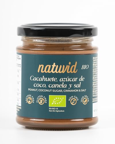 Crema de Cacahuete y canela BIO Natuvid (200g) | Mantequilla de Maní Orgánica Vegana, Sin Gluten y Sin Lactosa | Ideal para Desayunos Saludables y Repostería Fit