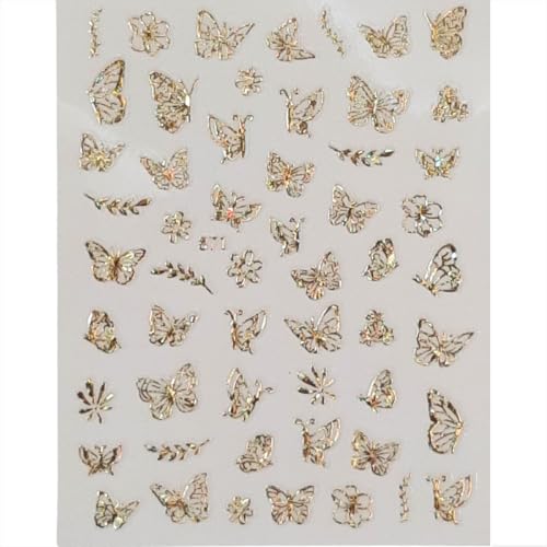 Kit Adesivos Unha 3D, Holográfico, Borboletas Prata, Dourada e Coloridas, 3 cartelas, 165 unidades
