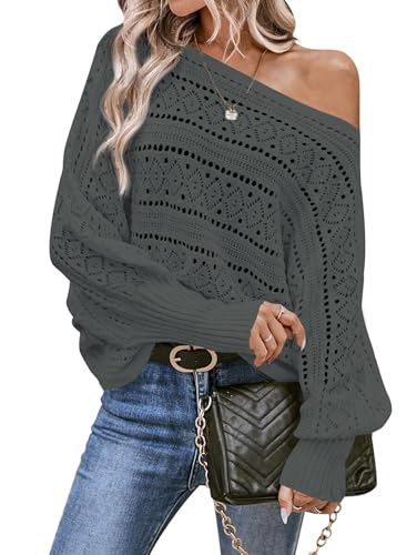 Image of Cakulo Womens Off Shoulder Sweater Top Fall Outfits Fashion 2025 Oversized Knit Batwing Long Sleeve Crochet Pullover Sweaters