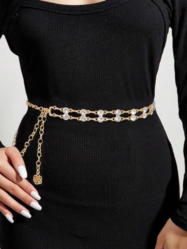 Women's Double Row Crystal Belt Chain - Adjustable Metal Rhinestone Waist Chain with Loose Dresses2