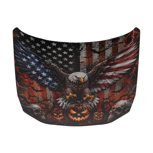 Image of Halloween American Flag and Eagle Design Car Hood Cover Elastic Polyester Car Hood Protector Auto Patriotic Decorations Waterproof Sunproof Automotive Exterior Accessories