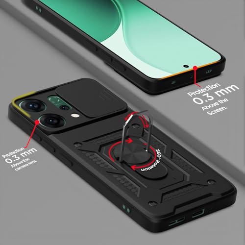 Image of Pikkme Back Cover for Oppo Reno 14 Pro 5G | D10 Tough Armor | 360 Protection Case | Sliding Camera Shield Cover & Ring Holder Stand Bumper Case (Black)