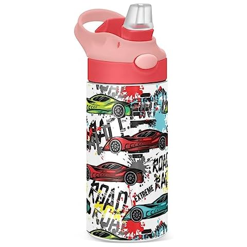 Boccsty Bright Race Car Truck Kids Water Bottle with Straw Lid Sport Cars Insulated Stainless Steel Reusable Tumbler for Boys Girls Toddlers 12 oz Cover