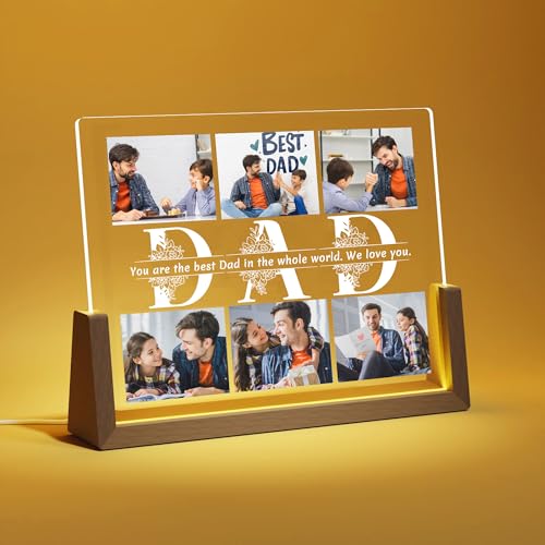 Reviews de portaretratos dia del padre de esta semana. 50 Auchic - Regalo personalizado para el día del padre para papá, placa de fotos personalizada para padre, marco de fotos personalizado de nogal con LED, regalo de cumpleaños de...