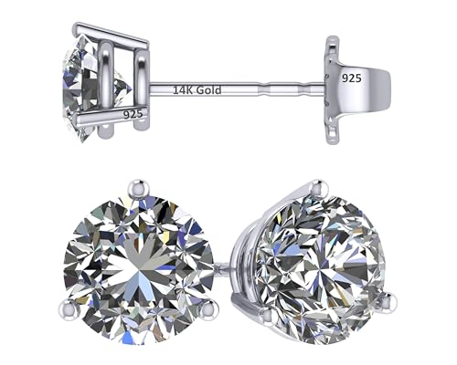 14K Gold Post & Sterling Silver Pure Brilliance Zirconia 3 Prong Martini Style Stud Earrings 1.0ct to 4ct