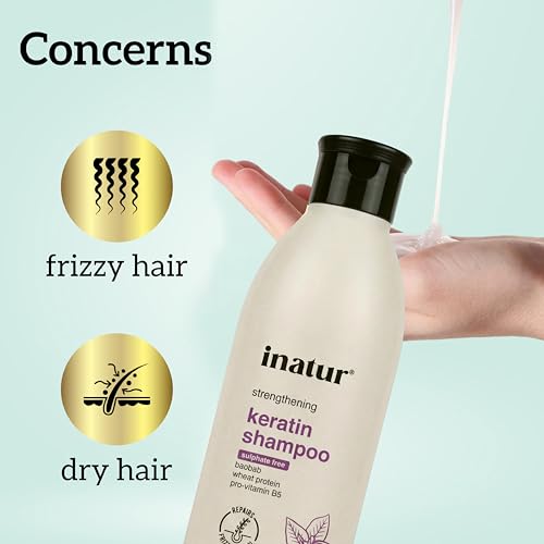 Image of inatur Keratin Shampoo - Hair Strengthening, Frizz Control, Color Protection | With Baobab Oil, Wheat Protein, And Pro-Vitamin B5 | Sulfate-Free, Natural, Vegan, Cruelty-Free| 250ml
