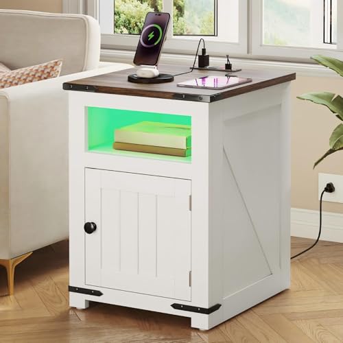 DWVO Farmhouse Nightstand with USB Charging Station & LED Lights, Adjustable Storage Shelving for Bedroom/Living Room, White Side Table with AC Outlets