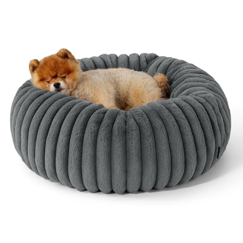 BEDSURE orthopädisches Katzenbett für große Katzen - Flauschiges Donut 58.5x58.5x18cm Hundebett für kleine Hunde mit waschbarem & abnehmbarem Cord-Fleece-Bezug, rutschfeste Unterseite, dunkelgrau