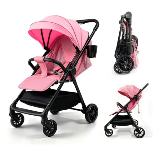 Lightweight Travel Stroller at Only 4.6 kg, Folding Compact Pushchair with Multi-Position Recline, Babies and Toddlers Pram from Birth, Baby Buggy with Cup Holder, Canopy (A8 Pink)