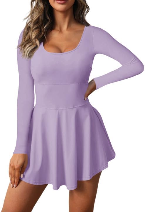 Fisoew Womens 2-in-1 Athletic Tennis Golf Dress Long Sleeve Underneath Workout Active Dresses with Built-in Shorts