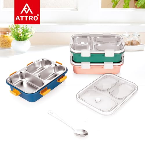 Image of Attro Bento 3 Compartment Stainless Steel Lunch Box with Steel Spoon, Heating & Water Insulation Design for Office, School & Travelling, 750ml- Light Green