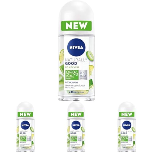 NIVEA NATURALLY GOOD Déodorant Femme Aloe Vera Bio Bille 50 ml, déodorant avec 95% d’ingrédients d’origine naturelle, roll-on fraîcheur 24h (Lot de 4)
