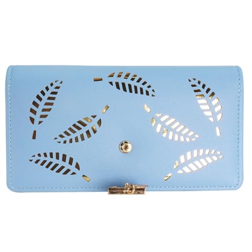Women's long wallet, hollowed-out gold leaf pattern, double-folding zipper double-layer bag, 12 card slots, large-capacity zipper seal, 3.74 × 7.48 inches, blue