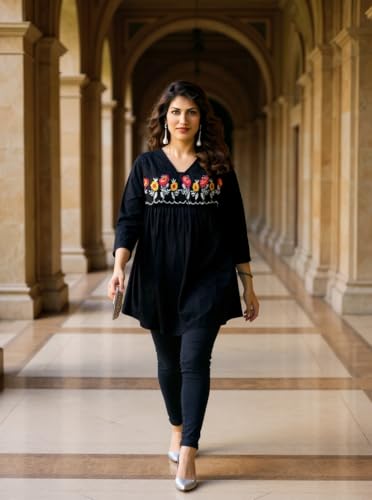 Image of Women's Viscose Cotton Embroidered Tunic Dress | Ethnic Motif 3 /4 Sleeve V-Neck Dress