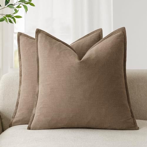 Foindtower Pack of 2, Decorative Linen Soild Throw Pillow Covers Soft Accent Cushion Case Boho Farmhouse Neutral Pillowcase for Chair Couch Sofa Bedroom Living Room Home Decor 24 x 24 Inch Light Brown