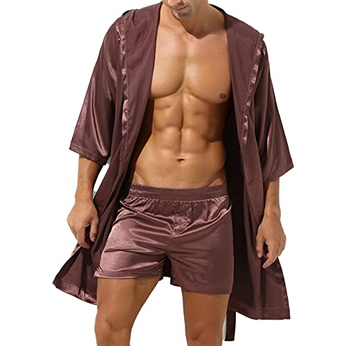 Mens Hooded Short Bathrobe Pajamas Shiny Satin Belted Bath Robe Smooth Nightwear