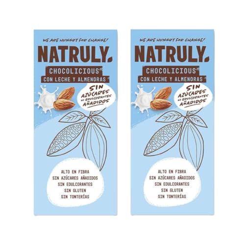 Pack 2x Chocolicious con Leche y Almendra 85g | Natruly | Tabletas de Chocolate Natural | Sin Azúcares Refinados | Bio y Sin Gluten
