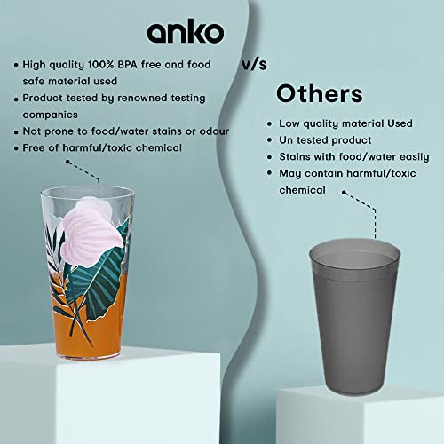Image of Anko Floral Glasses - Set of 4 | Designer tumblers for Wine, Water, Whisky, Juice, Mocktails, Cocktails | Food Grade Bar Accessory for Home, Restaurants & Parties | Microwave Safe | 600mL Each