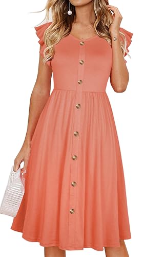 Lamilus Spring Dresses for Women 2026 - V-Neck Ruffle Sleeves Button Down Knee-Length with Pockets Casual Summer Party Swing Dress for Daily Wear (X-Large,Coral-026)
